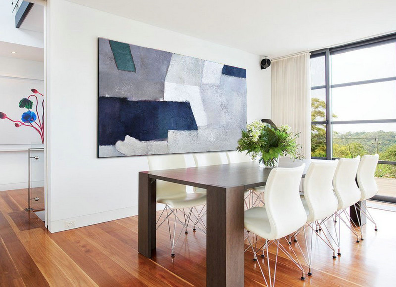 Handmade Large Contemporary Art,Horizontal Palette Knife Contemporary Art,Family Wall Decor,White,Grey,Dark Blue.etc